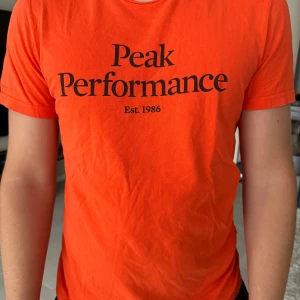 Orange t-shirt från Peak Performance - Säljer en orange t-shirt från Peak Performance med svart tryck på bröstet. Riktigt skön kvalité, har både M och S i denna ! 
