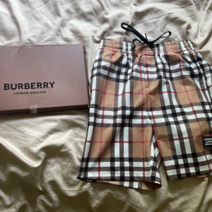Rutig Burberry shorts med snörning - Snygga shorts från Burberry med klassiskt rutigt mönster i beige, svart, vitt och rött. Modellen har elastisk midja med svart snörning och Burberry-logga på benet. Perfekta för sommaren och ger en lyxig vibe till din outfit.