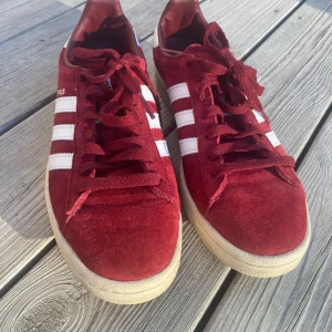 Adidas Campus sneakers röd/vit - Säljer ett par Adidas Campus sneakers i rött med klassiska vita ränder på sidorna. Skorna har en låg profil, rund tå och platt sula. Ovandelen är i mjuk mocka och de har snörning framtill. Utmärkt skick,som nya.