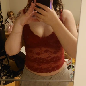 Röd spetslinne - Säljer ett rött spetslinne med smala axelband och vacker spetsdetalj. Perfekt för en elegant look. Linnet är genomskinligt och har en feminin design. Lite för mycket för mig eftersom den är så genomskinlig, har ej använt förutom när jag tog den här bilden då 😅 taggen är avklippt sen innan så jag är osäker på var den är ifrån.