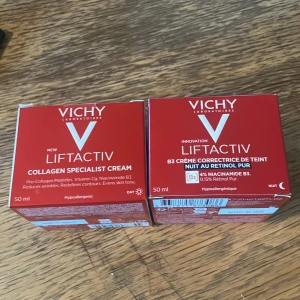 Vichy Liftactiv Collagen Specialist Cream och B3 Crème Correctrice - Två ansiktskrämer från Vichy: Liftactiv Collagen Specialist Cream med pro-collagen peptider och vitamin Cg för daglig användning, och B3 Crème Correctrice de Teint Nuit med 4% niacinamid och retinol för nattbruk. Båda är hypoallergena och kommer i 50 ml burkar. Aldrig använda❤️