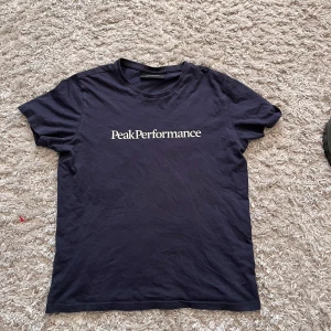 Svart t-shirt från Peak Performance - Säljer en stilren svart t-shirt från Peak Performance med deras logga tryckt i vitt på bröstet. T-shirten har en klassisk rund hals och korta ärmar. Perfekt för en avslappnad look. Den har krympt till s
