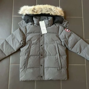 Grå dunjacka från Canada Goose - Säljer en grå dunjacka från Canada Goose med pälskantad huva och klassisk logga på ärmen. Jackan har stora fickor, dragkedja och knappar framtill. Perfekt för kalla dagar med sin tjocka och quiltade design. Snygg och funktionell vinterjacka.