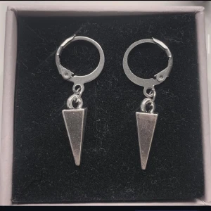 Silvriga örhängen med spetsig berlock - Snygga silvriga örhängen med rund ring och hängande spetsig, konformad berlock. Perfekta för dig som gillar minimalistisk och edgy stil. Passar till både streetwear och mer stilrena outfits.