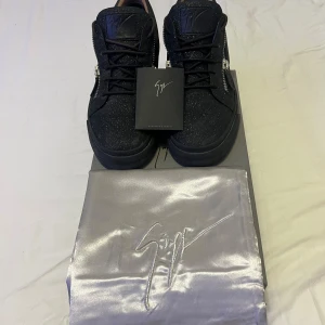Glittriga Giuseppe Zanotti  - Säljer ett par svarta sneakers från Giuseppe Zanotti med glittrig finish och silverfärgade dragkedjor på sidorna. Skorna har rund tå, platt sula och snörning. Kommer med originalkartong, orginal kort och dustbag med logga. Priset är inte hugget i sten