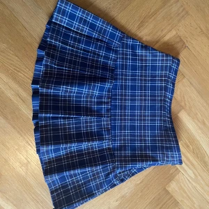 Blå rutig kortkjol från H&M - Säljer en blå rutig kortkjol från H&M med klassiskt rutmönster i vitt. Kjolen har veckad nederdel och stängs med dragkedja och knapp i sidan. Perfekt för dig som gillar preppy stil!