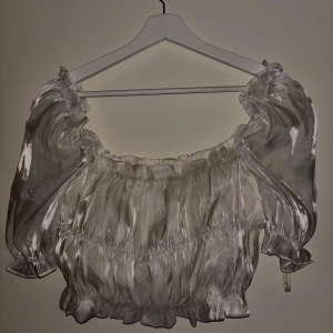 Silverglänsande offshoulder blus från Glamorous - Säljer en glansig silverfärgad offshoulder blus från Glamorous i storlek 38. Blusen har puffiga ärmar, resår vid axlar och midja samt volangdetaljer nedtill. Perfekt för dig som gillar trendiga och unika toppar!