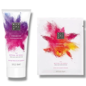Nytt! The Ritual of Holi Cream On och Stardust - Nya! Upptäck The Ritual of Holi med Cream On, en närande body cream med doft av flamingoblomma och rosa grapefrukt, samt Stardust, ett sprakande badsalt med vit lilja och persikoblom. Perfekt för en lyxig och färgglad upplevelse. Slutsåld limited edition. Body cream 100ml, badsalt 100gr