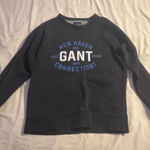 Svart sweatshirt från GANT - Säljer en svart sweatshirt från GANT med tryck i blått och vitt på framsidan. Tröjan har långa ärmar och en rund halsringning. Perfekt för en avslappnad stil.
