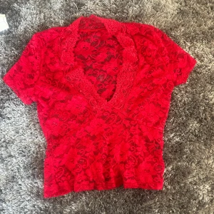 Röd spetsblus - Säljer en röd spetsblus med korta ärmar och v-ringning. Blusen har ett vackert blommigt mönster och är perfekt för en elegant look. Passar bra till både jeans och kjol.   säljer för 150kr