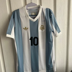 Randig fotbollströja från Adidas - Säljer en klassisk randig fotbollströja från Adidas i ljusblått och vitt. Tröjan har korta ärmar och nummer 10 på framsidan samt namnet Messi på baksidan. Perfekt för fotbollsfans som vill visa sitt stöd.