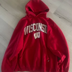 Röd hoodie med Wisconsin-tryck - Säljer en röd hoodie med stort Wisconsin-tryck på bröstet. Den är lagomt oversized och ger en avslappnad look. Bra skick och passar XS-L beroende på önskad passform. 🤩