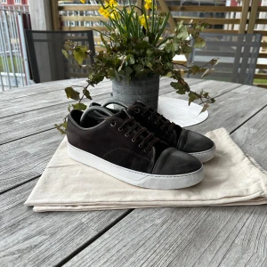 Lanvin - Säljer nu mina fina Lanvin sneakers i brun mocka.  Skorna är använda men väl omhändertagna.  Nypris ligger på 4999kr. Mitt pris 1499kr Dust bags på bild ingår men har inte kvar kartongen. Öppen för snabb och smidig affär.  Skorna är i storlek UK 8, vilket motsvarar 42-43.
