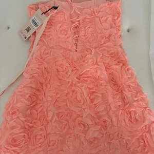 Rosa klänning med blommor från Oh Polly - Säljer en superfin rosa / korall klänning från Oh Polly med 3D-blommor över hela tyget. Klänningen har en söt snörning baktill  och är perfekt för sommarens fester. Den är ärmlös och har en kort längd som ger en lekfull look. Storlek 10 / M 