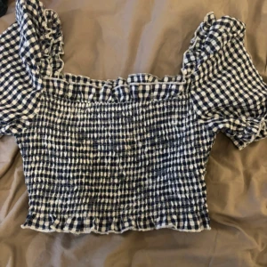 Rutig topp från Missguided - Säljer en söt blå och vit rutig topp från Missguided. Toppen har korta puffärmar och en smockad design som ger en fin passform. Perfekt för en somrig look! 💙
