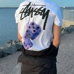 Vit Stüssy t-shirt med blå tärningar - Vit t-shirt från Stüssy med stort svart logotryck och blå tärningar på ryggen samt mindre logga och tärningar på bröstet. Klassisk passform och korta ärmar, perfekt för en streetwear-look. Materialet är mjuk bomull. Priset går att ändra!