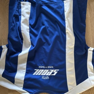 Blåvit fotbollströja från H&M Divided - Snygg blå fotbollströja med vita ränder och trycket 'Seoul Nineteen' framtill. Tröjan har korta ärmar och är gjord i ett lätt och ventilerande material, perfekt för träning eller match. Klassisk sportig look med rund hals.