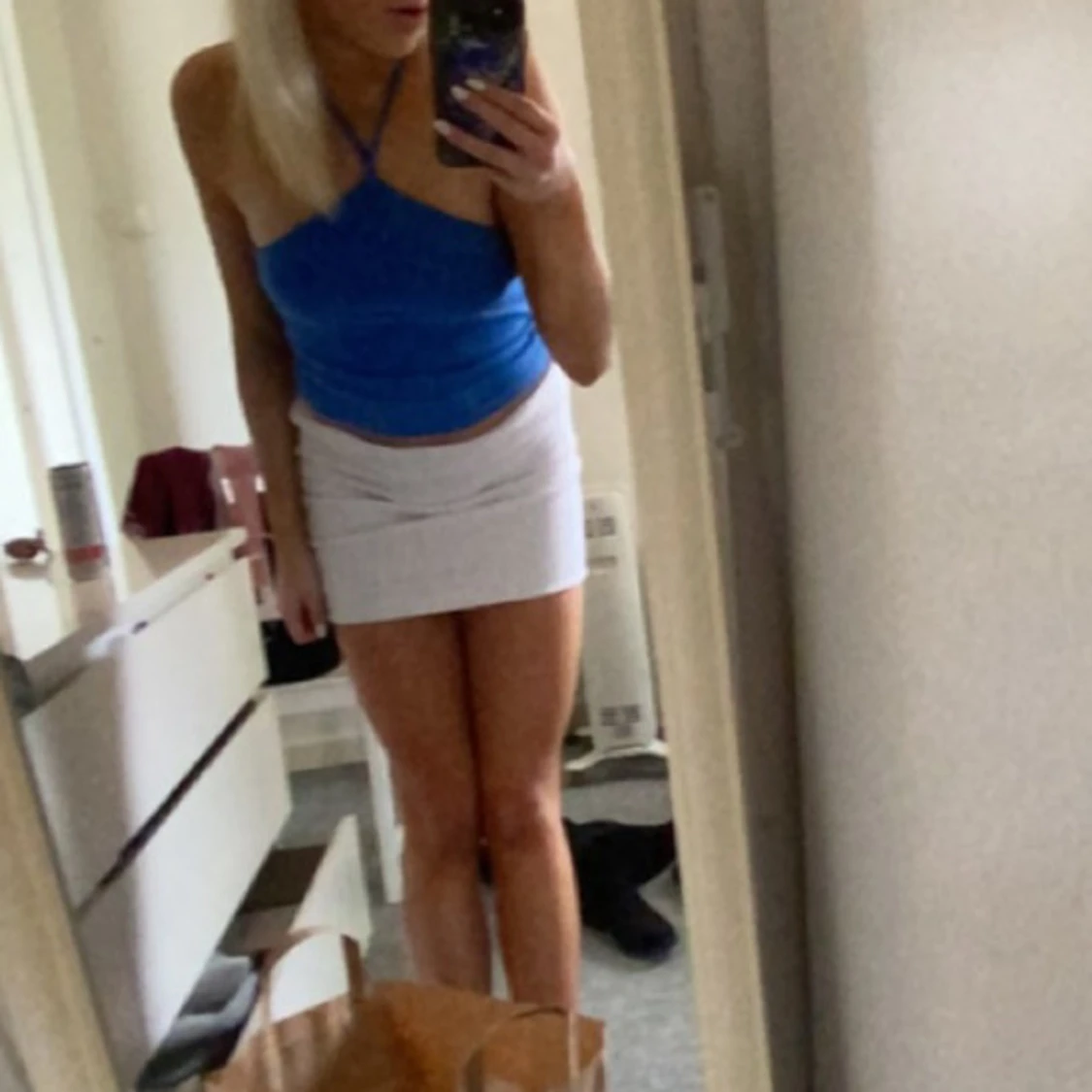 Blå croppad halterneck linnetopp - 3