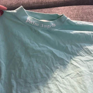 Mintgrön t-shirt från Palm Angels - Säljer en mintgrön t-shirt från Palm Angels med logga tryckt i vitt både på kragen och diagonalt över framsidan. T-shirten har klassisk passform och rund halsringning. Perfekt för dig som gillar streetwear och vill sticka ut. Storlek xxs men är oversized. I bra skick, behövs strykas bara. Köpt hos Mythresa!