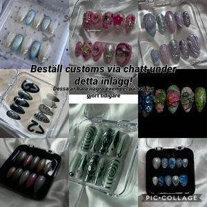 Beställ custom-naglar här! - Beställ skräddarsydda lösnaglar efter dina önskemål! Hör av dig till mig via dm med inspobilder + mått & jag kommer med ett pris, man får med instruktioner & appliceringskit💗Gör alla längder/former! Utmana mig gärna med svåra designs! Kan göra alla stilar! Har flera års erfarenhet 😊 Tveka inte att ställa frågor! Kan göra mer svåra designs men även basic! Alla naglar handgjorda av mig🥰
