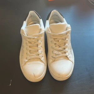 Vita Plein Sport sneakers i skinn - Snygga vita sneakers från Plein Sport med svart detalj på hälen och logga på sidan. Klassisk rund tå, platt sula och snörning framtill. Tillverkade i skinn för en clean och stilren look. Perfekta för dig som gillar streetstyle och vill sticka ut lite extra.