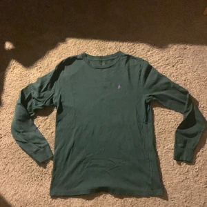 Grön långärmad tröja Polo Ralph Lauren - Mörkgrön långärmad tröja från Polo Ralph Lauren med klassisk rund hals och lila broderad logga på bröstet. Tillverkad i mjuk bomull, perfekt för en chill och stilren look. Passformen är normal och tröjan är enkel att matcha med jeans eller chinos.Köpte den för 600kr på kidsbrandstore i vintras och inga hål lite urtvättad men är i bra skick och det står 14-16 och 160