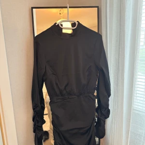 Svart långärmad kortklänning - Snygg svart kortklänning med lång ärm och hög hals. Klänningen har coola rynkade detaljer längs ärmarna och midjan, vilket ger en trendig och figurnära siluett. Perfekt för dig som gillar stilrena och moderna plagg.