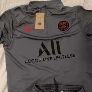 Grå träningsbyxor från Nike x PSG - Säljer ett par grå träningsbyxor från Nike i samarbete med Paris Saint-Germain. Byxorna har elastisk midja med snörning, röda och svarta detaljer samt PSG-logga på benet. Perfekta för fotbollsträning eller chill.
