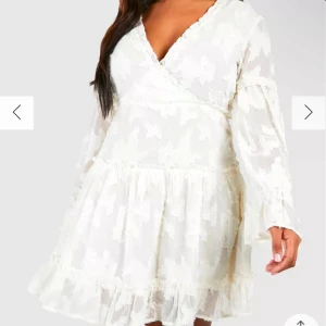 Vit volangklänning från Boohoo Petite - Supersöt vit kortklänning från Boohoo Petite med volanger och omlott-skärning. Klänningen har långärmade, lätt transparenta ärmar och ett subtilt blommigt mönster i tyget. Perfekt för sommarens alla tillfällen eller studenten.