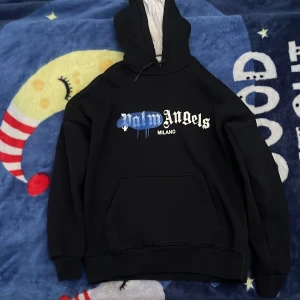 Svart hoodie från Palm Angels - Säljer en svart hoodie från Palm Angels med vit text på bröstet och ryggen. Hoodien har en klassisk passform med en stor ficka framtill och en justerbar huva. Perfekt för en avslappnad stil.