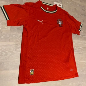 Portugal röd 25/26 T-shirt  - •Säljer en jätte fin 25-26 röd Portugal T-shirt.  •Den är inte använd bara testad, jätte bra skick och inga fläckar eller hål.  •Och det är storlek M och måtten finns på dem sista bilderna •Priset kan diskuteras och skickar inom 24 Tim 💨😊