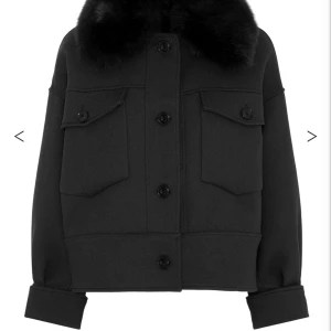 Meotine jacka - Snygg svart jacka med en lyxig pälsdetalj vid kragen. Jackan har långa ärmar och knappar framtill samt två fickor med lock på bröstet. Slutsåld på hemsida köpt för 3000kr❤️perfekt vårjacka