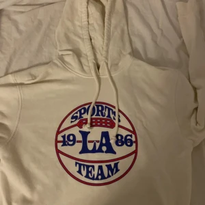 Vit hoodie från H&M Divided - Säljer en vit hoodie från H&M Divided med tryck i blått och rött.  Är använd få tal gånger och har inga fläckar eller märken.pris kan diskuteras 