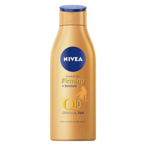 NIVEA Gradual Tan Firming + Bronze - NIVEA Gradual Tan Firming + Bronze är en brun-utan-sol lotion som gradvis ger en solkysst ton samtidigt som den stramar upp huden. Innehåller Q10 för extra vård och är lämplig för ljus till medium hudton. Flaskan rymmer 200 ml och har en praktisk snäpplock.