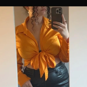 Orange knytblus - Säljer en snygg orange blus med knyt framtill. Blusen har långa ärmar och en djup v-ringning, perfekt för en trendig look. Passar bra till både jeans och kjol.
