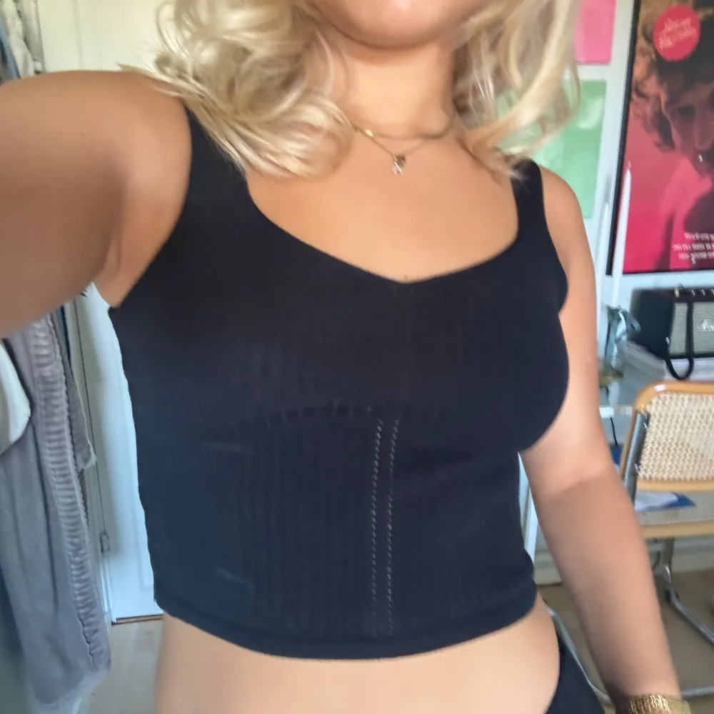 SĂ€ljer en snygg svart finatickad topp frĂ„n design by si. Den har en tight passformđ€. YlĂ€osat.