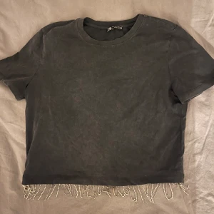 Smutsgrå  t-shirt med glitterfransar - Snygg svart fest t-shirt från Zara! Använt 1 gång så i väldigt bra skick. I storlek M men passar även S superbra🪩