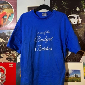 Single stitch vintage t-shirt från Hanes - Säljer en blå t-shirt från Hanes med texten 'Son of the Budget Bitches' tryckt på framsidan. T-shirten är kortärmad och tillverkad i bomull, perfekt för en avslappnad stil.