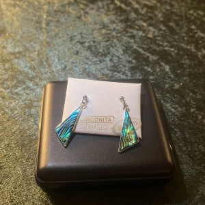 Triangulära örhängen med blå och gröna nyanser - Snygga triangulära örhängen med skimrande blå och gröna nyanser. Perfekta för att ge en färgklick till din outfit. De har en elegant design som passar både till vardag och fest.