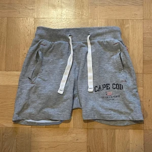 Grå shorts med tryck - Snygga grå shorts med tryck 'Cape Cod' och amerikansk flagga. De har snörning i midjan och praktiska fickor med dragkedja. Perfekta för en avslappnad stil. Dock saknas en knapp i bakfickan 