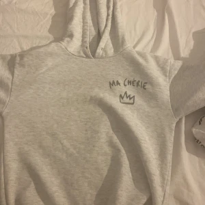 Grå hoodie från Gina Tricot - Säljer en grå hoodie från Gina Tricot med texten 'MA CHÉRIE' den har en fläck på magen som knappt syns 