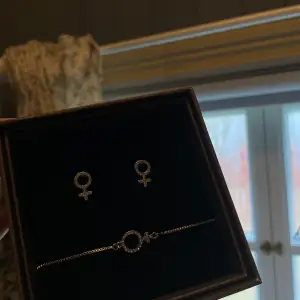 Elegant smyckeset i silverfärg med örhängen och armband. Båda delarna har en glittrig kvinnosymbol som detalj. Aldrig använda 
