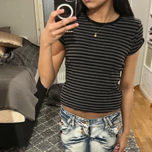 Svart och grå randig t-shirt - Säljer en svart och grå randig t-shirt med korta ärmar. T-shirten har en tight passform och en enkel design som passar perfekt till vardags.