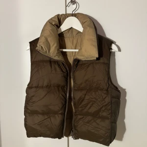 Brun och beige dunväst - Säljer en snygg och vändbar dunväst i brunt och beige. Perfekt för höst och vår, med dragkedja framtill. Västen är i mycket bra skick och passar både för vardag och utomhusaktiviteter.