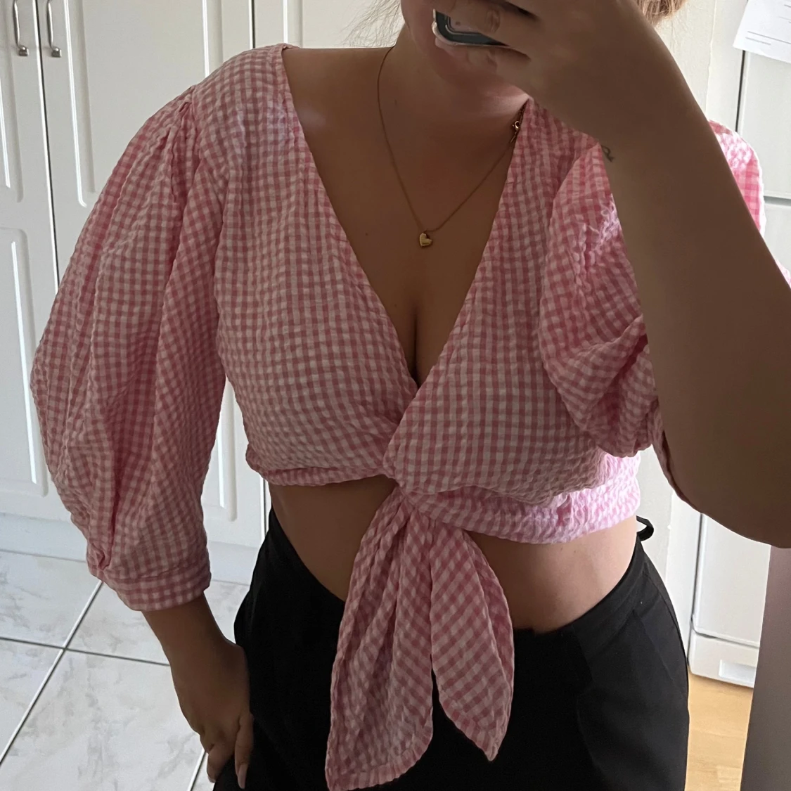 Rosa rutig knytblus💕 - 90