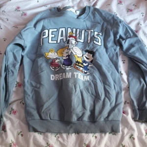 Blå Peanuts tröja med tryck - Säljer en blå tröja med Peanuts 'Dream Team' tryck. Tröjan har långa ärmar och ribbade muddar vid ärmslut och nederkant. Perfekt för alla Peanuts-fans! 💙