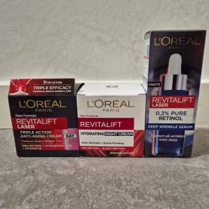 Hudvårdsprodukter från L'Oréal Paris - Tre hudvårdsprodukter från L'Oréal Paris Revitalift Laser-serien. Inkluderar en dagkräm med trippelverkande anti-aging egenskaper, en återfuktande nattkräm med anti-rynk och extra fasthet, samt ett serum med 0,2% ren retinol för djupgående rynkkorrigering.