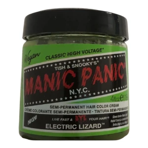 Manic Panic Electric Lizard Hårfärg -  en burk med Manic Panic Classic High Voltage semi-permanent hårfärg i nyansen Electric Lizard. Denna veganska och neonfärgade hårfärg ger en intensiv grön färg som lyser under svart ljus. Perfekt för dig som vill ha en djärv och unik look! Burk