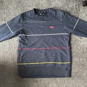 Mörkblå tröja från Nike SB - Säljer en mörkblå tröja från Nike SB med färgglada ränder i grönt, vitt, rött och gult. Tröjan har långa ärmar och en rund halsringning. Perfekt för en avslappnad stil.