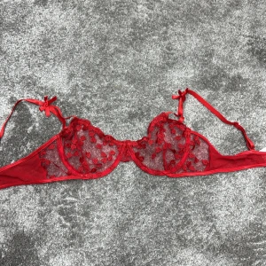 Röd spets-bh med hjärtan - Säljer en romantisk röd bh med spetsdetaljer och hjärtmönster. Den har justerbara axelband med små rosetter för en söt touch. Perfekt för speciella tillfällen eller när du vill känna dig extra fin.